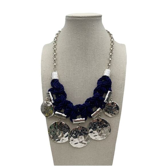 NWT Chicos Beautiful Silver Tone & Royal Blue Rope Statement Necklace Signed - Picture 1 of 6